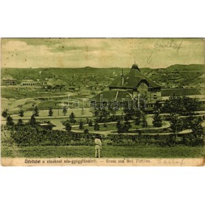1908 Vízakna, Salzburg, Ocna Sibiului; vasútállomás, vonat, háttérben építkezés. Takáts Jenő kiadása / railway station...