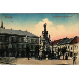1914 Eperjes, Presov; Szentháromság szobor, Schwarcz Sámuel üzlete / Trinity statue, shops