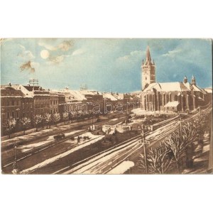 1914 Eperjes, Presov; park, Szent Miklós templom télen. Divald Károly fia / park and church in winter (EK...
