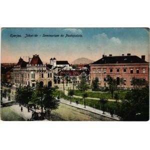 Eperjes, Presov; Jókai tér, szeminárium és postapalota / square, seminarium, post palace (szakadás / tear...