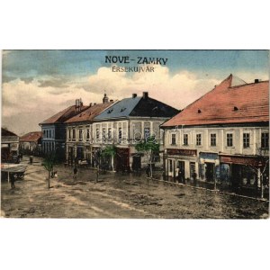 1921 Érsekújvár, Nové Zámky; tér, üzletek, illatszertár. Schulz Arnold kiadása / square, shops (EK...