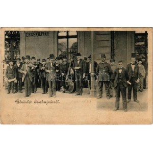 1902 Érsekújvár, Nové Zámky; Muzsikus cigányok a pályaudvaron, vasútállomás. Szivesi János kiadása / Bahnhof ...