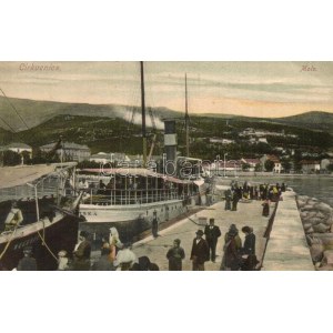 1907 Crikvenica, Cirkvenica; Velebit egycsavaros tengeri személyszállító gőzhajó a kikötőben / steamships in the port ...