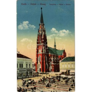 1918 Eszék, Osijek, Esseg; Felsővárosi templom, piac, drogéria. Vasúti levelezőlapárusítás 40-1916. / crkva / Kirche ...