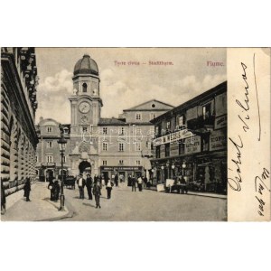 1906 Fiume, Rijeka; Torre civica, M. Weiss, Battiste, Farmacia / Stadtthurm / clock tower, pharmacy, shops...