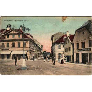1914 Károlyváros, Karlovac; Zagrebacka ulica / utca, A. Juhajevcic üzlete, híd / street view, bridge, shops (EK...