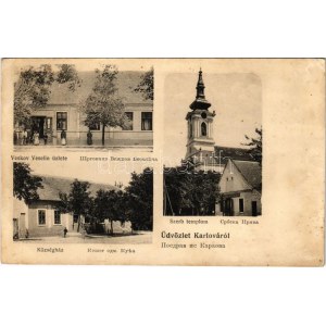 Karlova, Karlovo (Beodra, Novo Milosevo); községháza, szerb templom, Veskov Veselin üzlete. A. Weiser / town hall...