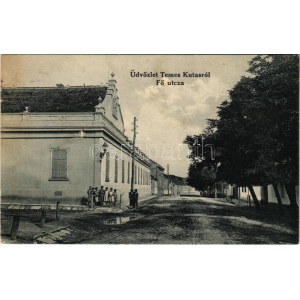 1913 Temeskutas, Temes-Kutas, Gudurica; Fő utca. Szabonáry Károly felvétele / main street (ázott / wet damage...