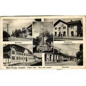 1941 Topolya, Bácstopolya, Backa Topola; utca részlet, vasútállomás, polgári iskola, római katolikus templom, Bács...