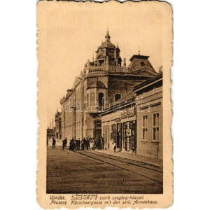 1918 Újvidék, Neusatz, Novi Sad; Szücs utca, szerb szegényház, üzletek / Kürschnergasse mit den serb. Armenhaus ...