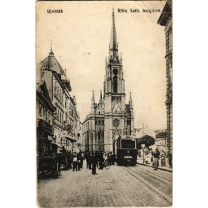 1919 Újvidék, Novi Sad; Római katolikus templom, villamos. Hohlfeld kiadása / church, tram (EB)