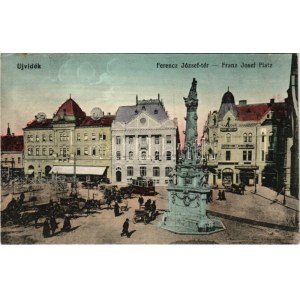 Újvidék, Novi Sad; Ferenc József tér, Szentháromság szobor, villamos, Grand Hotel Mayer szálloda...