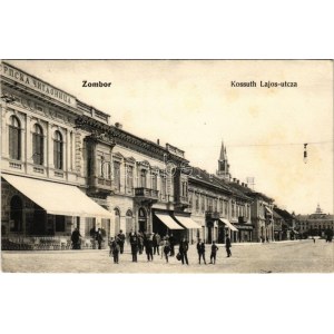 1908 Zombor, Sombor; Kossuth Lajos utca, Knipl Gáspár sörcsarnoka, bank és bizományi üzlet...