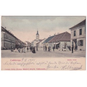 1905 Csáktornya, Cakovec; Iskola utca, üzletek. Fischel Fülöp (Strausz Sándor) kiadása / street...