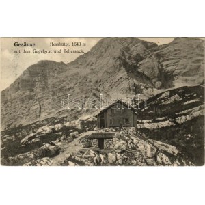 1911 Gesäuse (Steiermark), Hesshütte mit dem Gugelrat und Tellersack / mountain peak, chalet, tourist house. B.K.W.I...