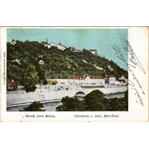 1902 Graz (Steiermark), Schloßberg u. neuer Mur-Quai / castle hill, riverside. Schneider & Lux (EK)