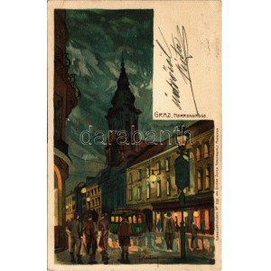 1902 Graz (Steiermark), Herrengasse / street view at night, tram. Kuenstlerpostkarte No. 1301...