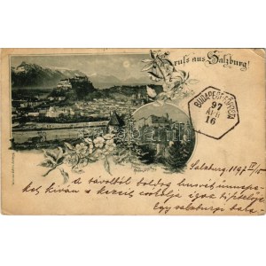 1897 (Vorläufer) Salzburg, Festung Hohen-Salzburg, vom Kapuzinerberg. Würthle & Sohn Art Nouveau, floral (EK...