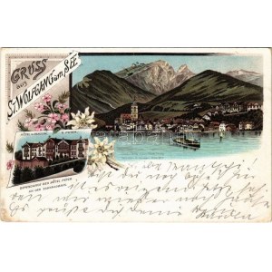 1898 (Vorläufer) Sankt Wolfgang am See, Hotel und Pension P. Peter an der Zahnradbahn. Art Nouveau, floral, litho (fa...