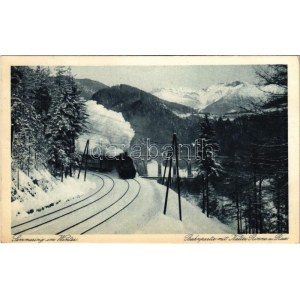 1927 Semmering, Bahnpartie mit Kalter Rinne u. Rax im Winter / railway line in winter, locomotive, train (EK...