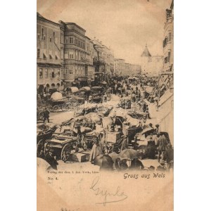 Wels, street view with market