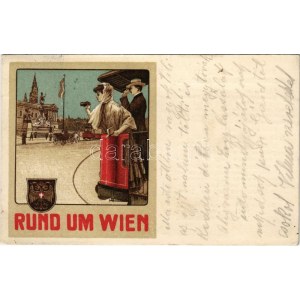 1912 Wien, Vienna, Bécs; Rund um Wien. salonwagen Rundfahrten der Wiener städtischen Strassenbahnen / tram trip. litho ...