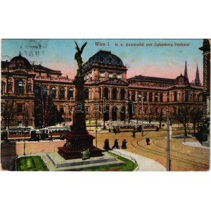 1916 Wien, Vienna, Bécs; K. k. Universität und Liebenberg-Denkmal / university, monument, tram (tear...