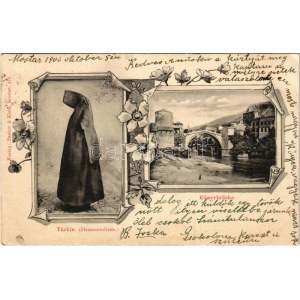 1906 Mostar, Türkin (Strassentoilette), Römerbrücke / Turkish woman, Roman bridge. Verlag Pacher & Kisic. Art Nouveau...