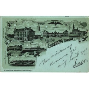 1899 (Vorläufer) Bohumín, Oderberg; Hotel Lustig, Nordbahnhof, Herz-Jesu-Kirche u. Schule, Kaschau-Oderberger Bahnhof...