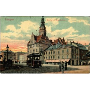 1906 Opava, Troppau; Oberring mit Schmetterhaus / street view, tram (EK)