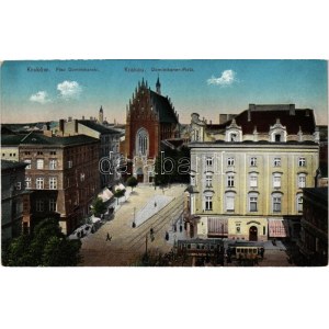 Kraków, Krakkó, Krakau; Plac Dominikanski / square, tram, shop of L. Weindling