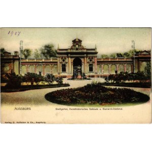 1907 Augsburg, Stadtgarten, Kunsthistorisches Gebäude u. Bismarck-Denkmal / park, monument. Verlag C. Holfelder & Co. ...