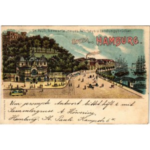 1899 (Vorläufer) Hamburg, St. Pauli, Seewarte, neues Fährhaus u. Landungsbrücken / street view, tram, port. Aug...