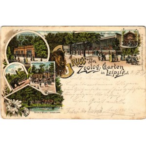 1898 (Vorläufer) Leipzig, Gruss aus dem Zoolog. Garten, Bären-Zwinger, Raubthierhaus, Antilopen-Haus, Teich m...