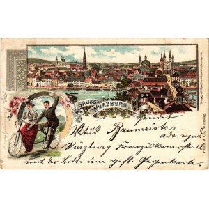 1899 (Vorläufer) Würzburg, general view, couple riding a tandem bicycle. Kunst-Anstalt Rosenblatt Art Nouveau, floral...
