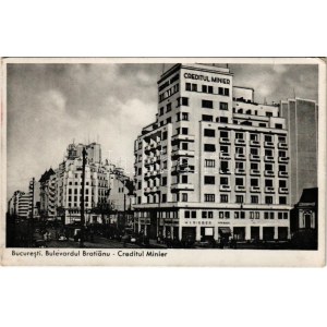 1939 Bucharest, Bukarest, Bucuresti, Bucuresci; Bulevardul Bratianu, Creditul Minier / street view, automobiles (EK...