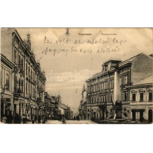 1916 Chernivtsi, Czernowitz, Cernauti, Csernyivci (Bukovina); Rathausstraße / Town Hall Street, monument, shops (EB...