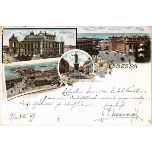 1897 (Vorläufer) Odessa, Odesa; Le Theatre, La Bourse, Le Duc de Richelieu / theatre, stock exchange, statue. G...
