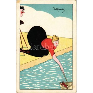 Erotic humour art postcard, photographer with lady and shrimp. M. N. & C. Milano No. 6576. artist signed (EK...