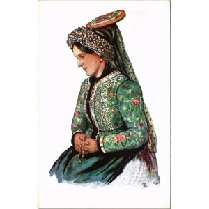 Matyó menyecske (Szentistván) Magyar folklór / Hungarian folklore art postcard, Matyó woman s...