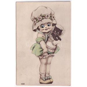 Girl with cat. Mechanical card with moving eyes