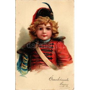Boy in hussar uniform. litho