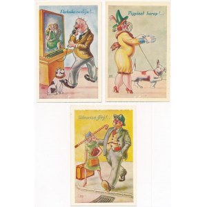 3 db régi humoros képeslap: férj és feleség / 3 pre-1945 humorous postcards: wife and husband