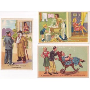 6 db régi magyar humoros képeslap: anyós és házaspár / 6 pre-1945 Hungarian humorous postcards: mother-in...