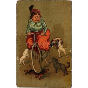 1920 Kerékpározó hölgy kutyatámadás közben. Dombornyomott / Dogs attacking a woman on bicycle, humour. HWB Ser. 4321...