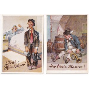 4 db régi német humoros képeslap részeg férfiakkal / 4 pre-1945 German humorous postcards with drunk men ...