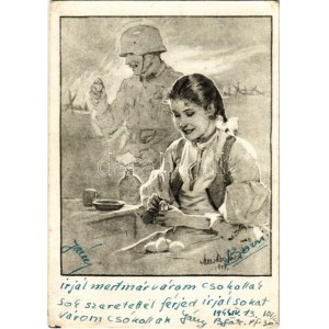 Második világháborús magyar katona és tojásfestő leány. Húsvét / WWII Hungarian military Easter art postcard (EK...