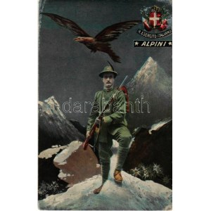 1915 Alpini. R. Esercito Italiano / WWI Italian military art postcard, mountain infantry, coat of arms (kopott sarkak ...
