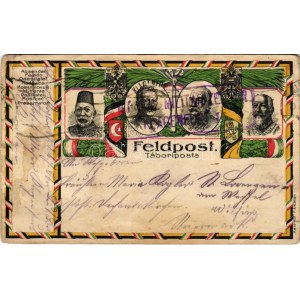 1916 Első világháborús tábori postai levelezőlap a Központi Hatalmak uralkodóival: V. Mehmed, I. Ferdinánd, II. Vilmos...