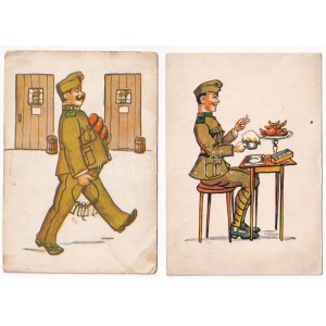 4 db RÉGI katonai humoros képeslap, Bruck Mihály kiadása / 4 pre-1945 military humour postcards